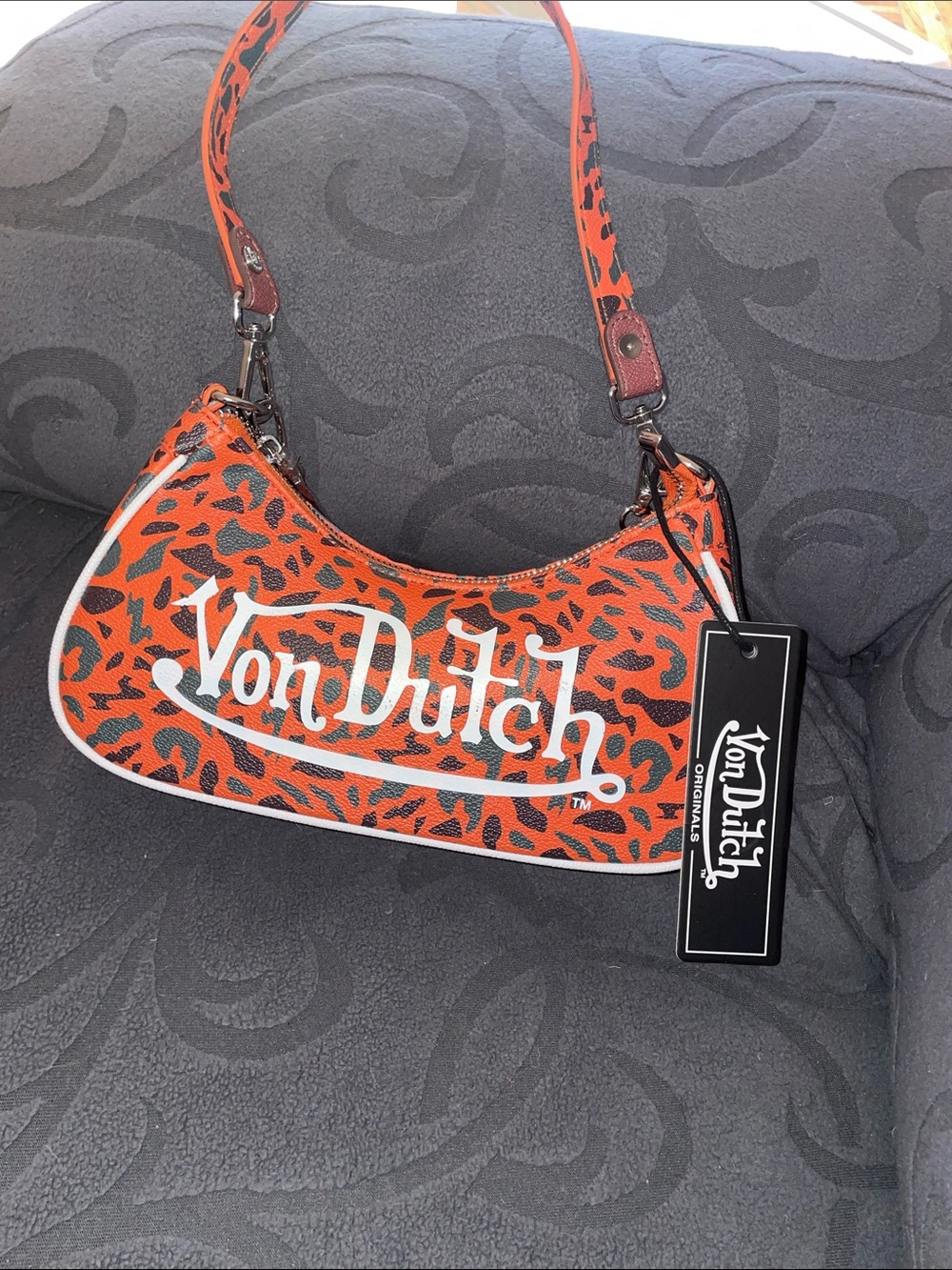 Von Dutch Orange Leopard-Print Logo Shoulder Bag